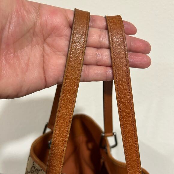 Gucci Vintage Tote Classic Beige GG Logo Canvas Orange Leather Trim Medium Size - Picture 10 of 15